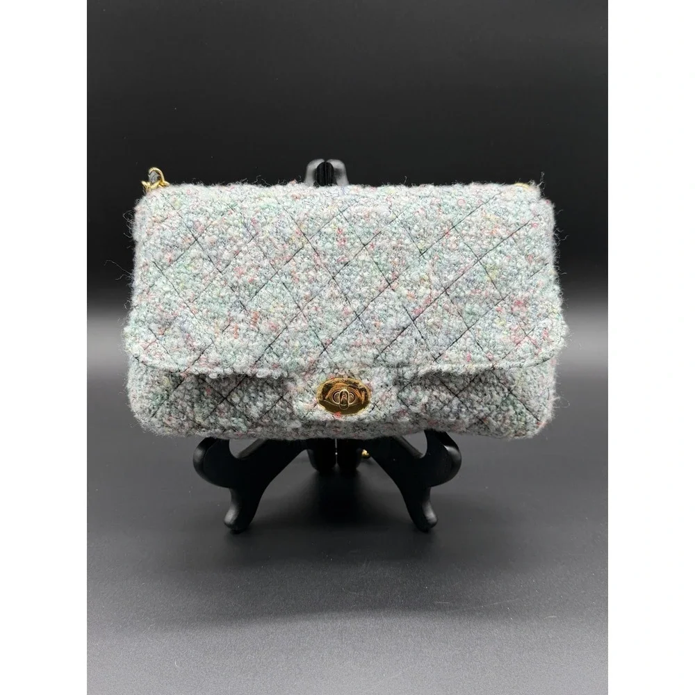 Vintage Diane Gilman Tweed Quilted Shoulder Bag Gold Chain Turn Lock Purse